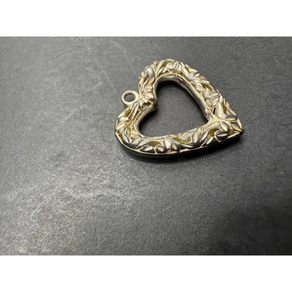 Vintage Silver Tone Floral Engraving Design Open Heart Pendant 0.81